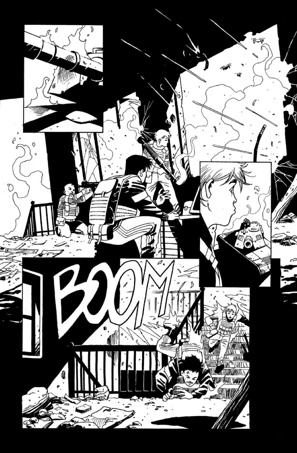 Black-and-white comic page showing civilians hiding in rubble while armed men move through the ruins