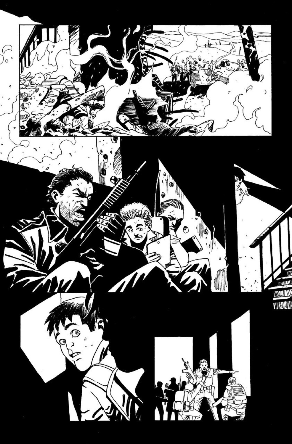 Black-and-white comic page showing missiles, soldiers, and a crowd raising weapons