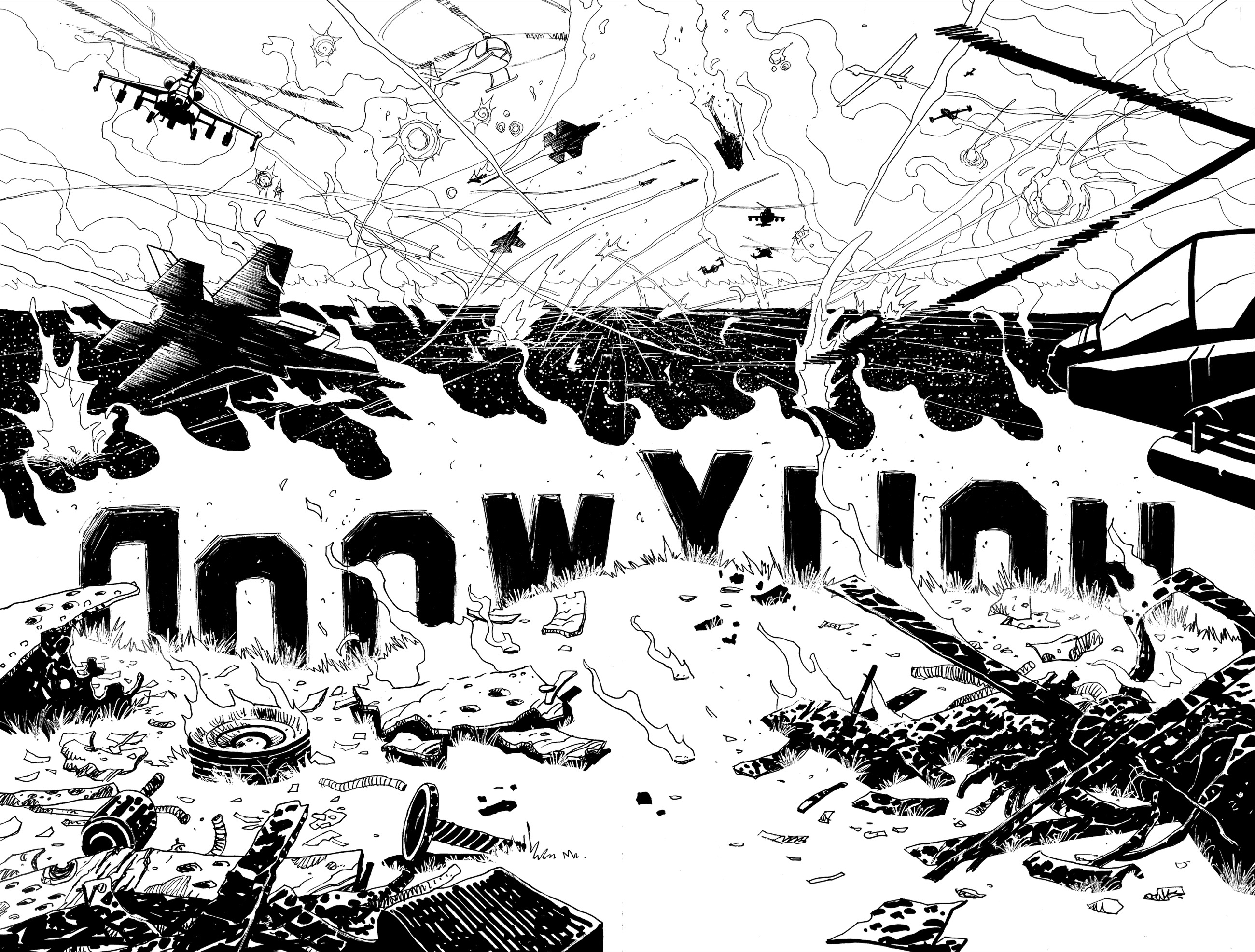 Black-and-white comic art of aircraft and explosions over ruined colosseum letters
